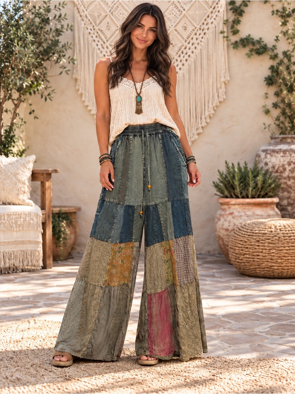 335 NWT Young Threads Bohemian Patchwork Wide-Leg Pants Size Small